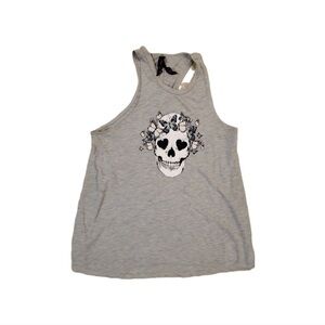 Worn Heart Eye Skull Graphic Tank Top - Light Gray